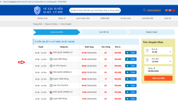 Hướng dẫn đặt vé tàu Sa Kỳ - Lý Sơn online chủ động chọn ghế